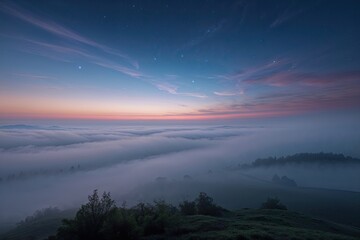 Naklejka premium Stunning Dusk Landscape with Soft Fog and Vibrant Sky Colors