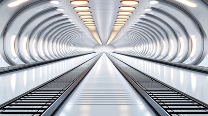 Minimalist layout featuring empty conveyor belts crossing at sharp angles, against a white background with subtle lighting for a high-tech feel