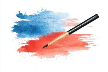Fototapeta premium Abstract Blue And Red Watercolor Brushstrokes With Paintbrush