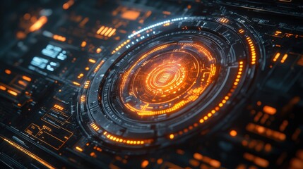 Futuristic digital interface with glowing orange elements, showcasing advanced technology in a sci-fi setting