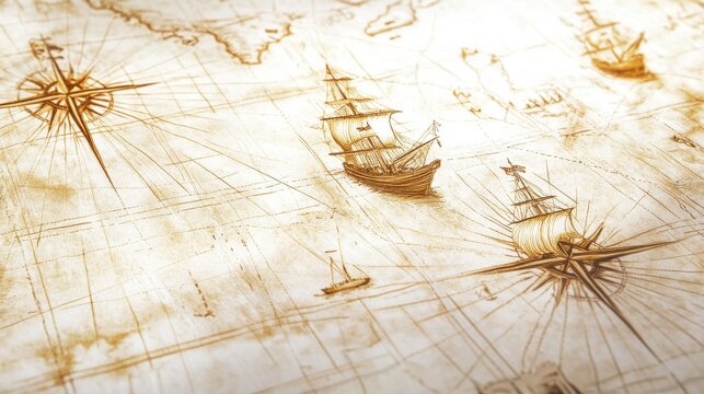 Vintage maritime map with sailing ships and navigational instruments
