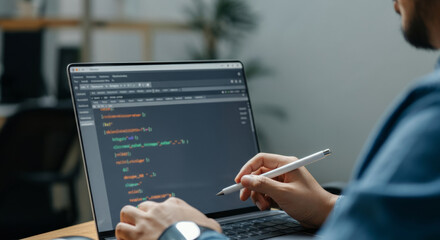 A man is typing on a laptop computer with a white pen