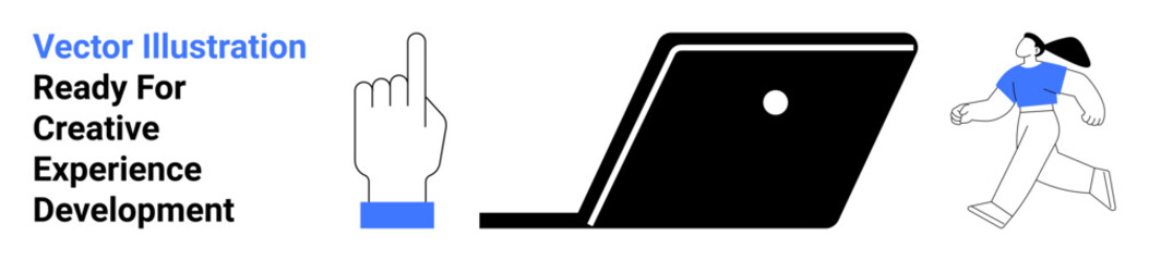 Hand pointing upward, laptop in focus, and dynamic figure running. Ideal for creativity, digital transformation, technology, interaction, innovation, mobility teamwork modern workflow abstract line