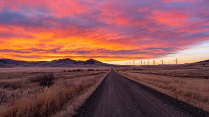 Naklejka premium Stunning Sunset Over Open Road with Wind Turbines on Horizon