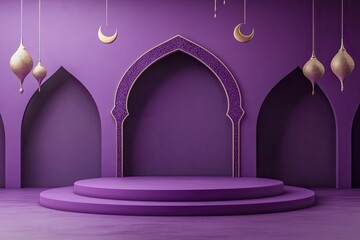 podium placement background on the theme of ramadan in purple colour following rule of third, with generative ai