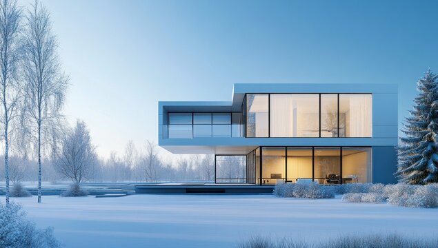 sleek modern home contrasts with a serene wintry landscape and frosty trees under a clear blue sky