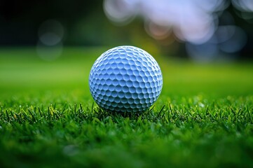 Obraz premium A pristine white golf ball sits poised on vibrant green grass, illuminated by the gentle evening light, creating a serene atmosphere just before a round of golf.