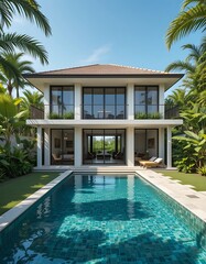 Fototapeta premium Luxury Villa with Swimming Pool in Tropical Paradise for Tranquil Retreat