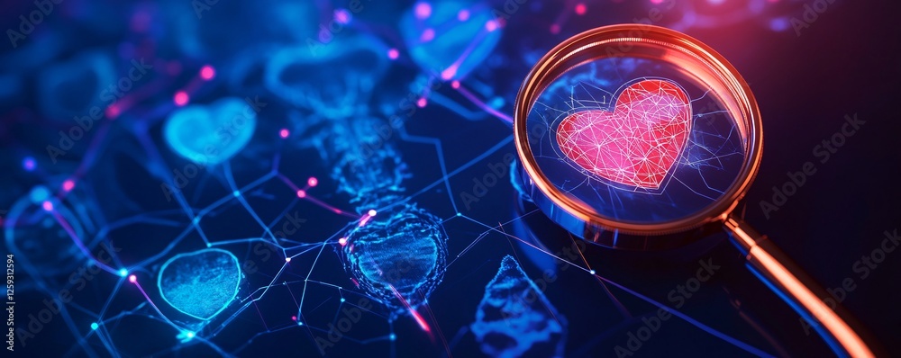Poster Magnifying glass exploring glowing network of hearts on digital interface