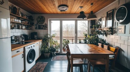Cozy Kitchen With Wooden Table And Abundant Plants