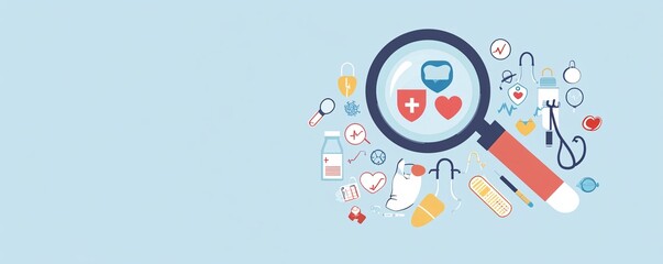Obraz premium Magnifying glass exploring healthcare and medical icons