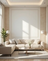 Fototapeta premium Elegant living room interior with beige sofa and blank wall for artwork