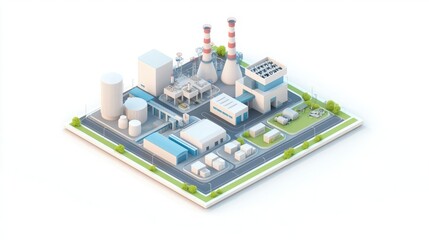 A modern industrial complex featuring factories, smokestacks, and storage facilities, presented in a colorful, isometric design.