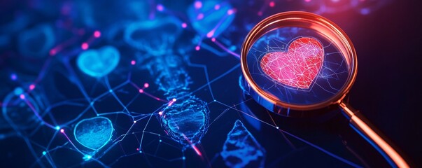 Magnifying glass exploring glowing network of hearts on digital interface