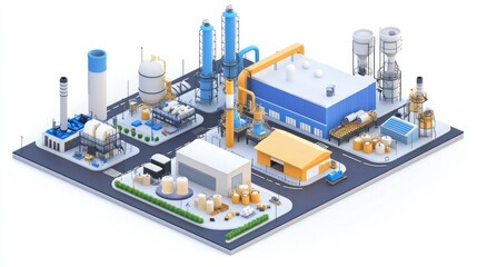 A colorful, isometric illustration of a modern industrial complex featuring various buildings, machinery, and storage tanks.