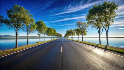 Naklejka premium Asphalt road lined with trees beside a tranquil lake under a vibrant sky, a scenic summer day drive
