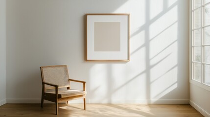 Minimalist Interior with Wooden Chair and Soft Sunlight Shadows