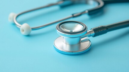 Stethoscope lying on a blue background with empty space on the left side