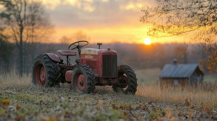 Obraz premium Vintage Tractor at Sunset Rural Landscape