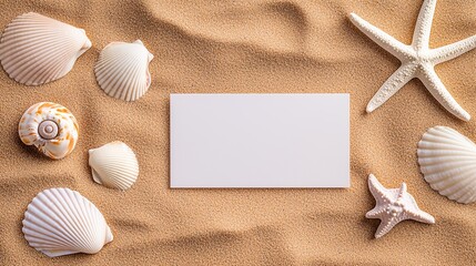 Close-up of a holiday-themed announcement card lying on golden sands, surrounded by seashells and starfish, turquoise waves in the background