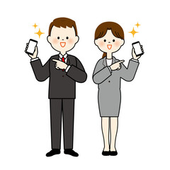 携帯を指差すスーツの男女_アートボード 1