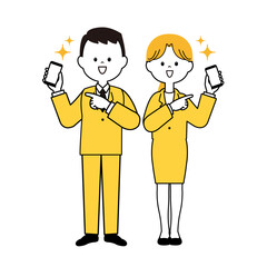 携帯を指差すスーツの男女-03