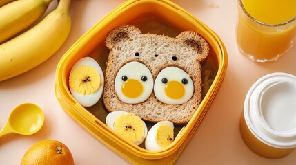 Healthy and fun food for school lunchbox is laying on pink background