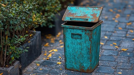 Rusty turquoise trash bin on cobblestone path surrounded by green shrubs and fallen leaves