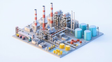 Obraz premium A colorful industrial facility with smokestacks, storage tanks, and various structures, representing a modern manufacturing or processing plant.