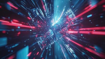 Obraz premium Abstract digital artwork depicting vibrant blue and red light streaks converging towards a central structure, creating a sense of motion and depth, suitable for technology themes