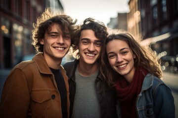 Obraz premium Smiling three young friends posing for a shot in the city