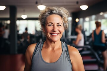 Fototapeta premium Smiling portrait of a middle aged slightly overweight woman in gym