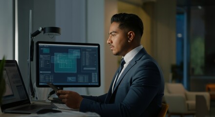 A man in a suit is sitting at a desk with two computer monitors and a cell phone