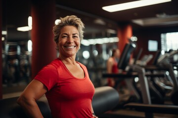 Fototapeta premium Smiling portrait of a middle aged slightly overweight woman in gym