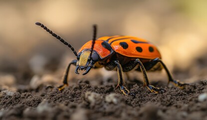 Macro Photography of a Striking Orange and Black Beetle