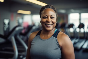 Fototapeta premium Smiling portrait of a middle aged slightly overweight woman in gym