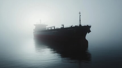 Fototapeta premium Mysterious Cargo Ship Silhouette in Foggy Water at Dawn
