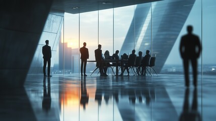 Silhouettes of business people in front of large window. A blurred meeting of people and business. A conference room in the office building with a computer. Lifestyle shadows of professionals.