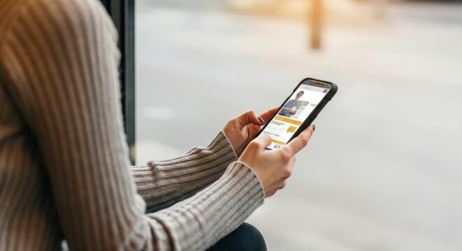 A woman is sitting on a bus and looking at her phone