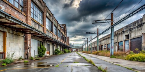 Fototapeta premium Overgrown Industrial Alleyway Under a Stormy Sky, Showing Aged Brick and Concrete Buildings With Weathered Loading Docks and Utility Lines