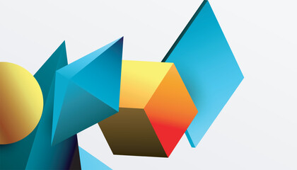Abstract design showcasing isometric cubes, pyramids, squares, and spheres in a vibrant 3D layout. Modern and dynamic, perfect for tech, design, or futuristic themes