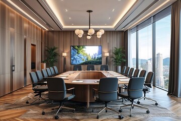 Fototapeta premium Modern Corporate Conference Room Featuring Stylish Furniture and Luxurious Wood Flooring in a Spacious Bright Interior