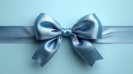 Naklejka premium Elegant blue satin bow placed centrally on a light blue background, perfect for gift wrapping