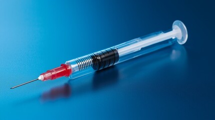Fototapeta premium Clear Syringe with Red Tip on Blue Background, Medical Tool for Injection