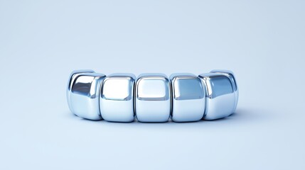 Arrangement of battery pouch cells in an arc formation, polished metallic surfaces contrasting with the crisp white backdrop, future tech aesthetic