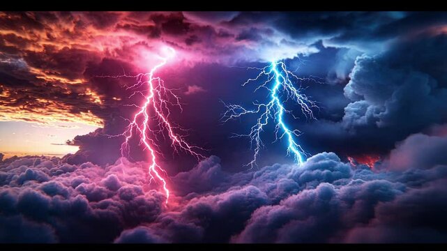 Clash of the Titans: Two colossal lightning bolts, one crimson and one cerulean, pierce a dramatic, stormy sky, creating a breathtaking spectacle of power and nature's raw energy. 