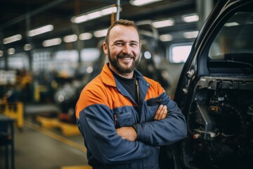 Smiling man working in a automotive factory