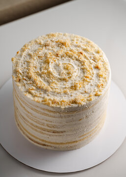 German recipe Milch madchen (Milky girl) cake with whipped cream frosting. Top view angle.