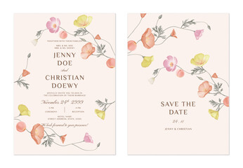 wedding invitation and save the date template set of colorful California Poppy flowers and peaches on a soft peach background, adding a warm and inviting atmosphere