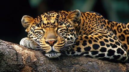 Obraz premium Resting leopard on a tree branch in a lush jungle setting, peaceful ambiance surrounding it